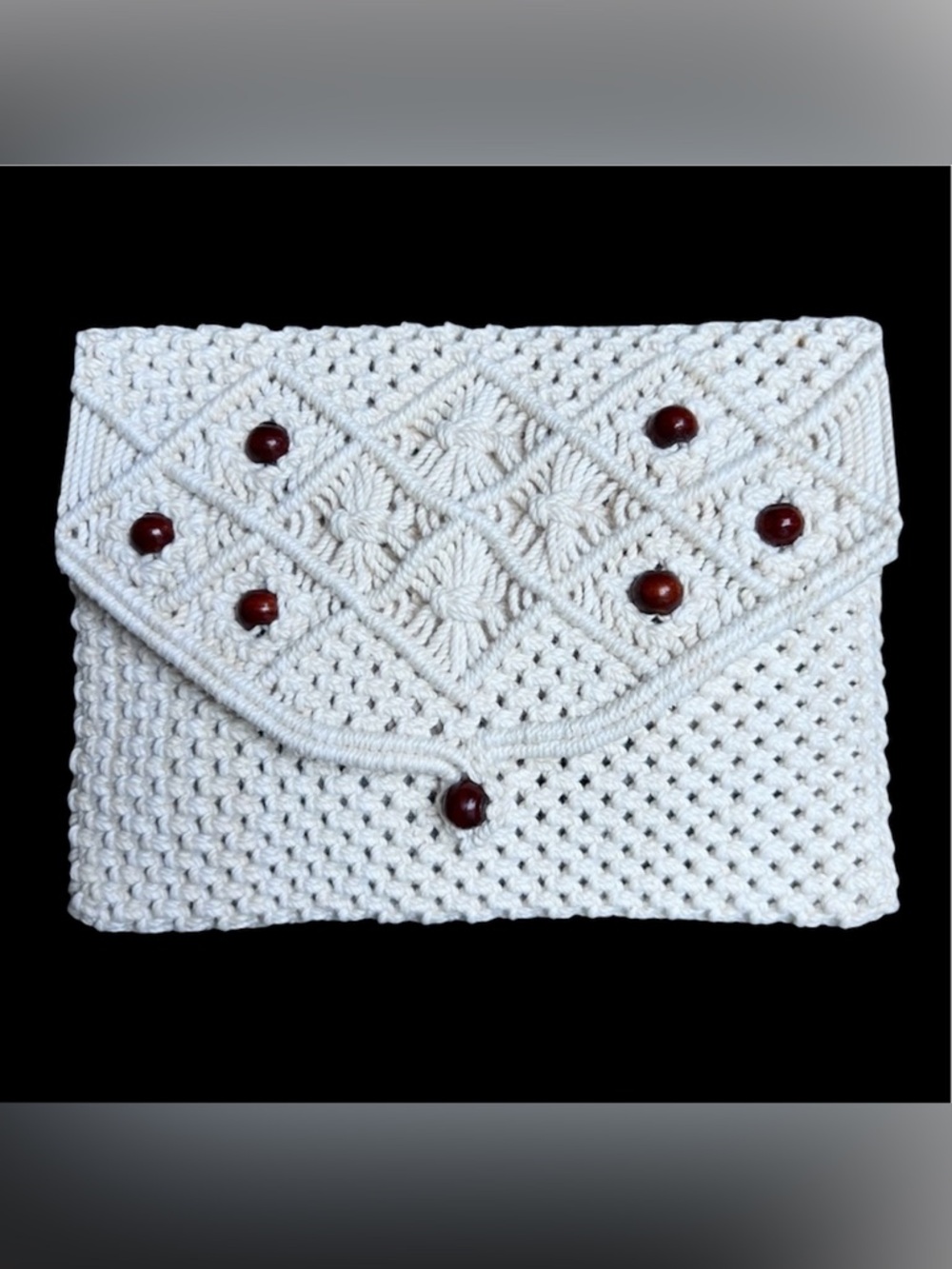 New Boho Hand Woven Beige Crochet Clutch Brown Wooden Beats Beach Festival